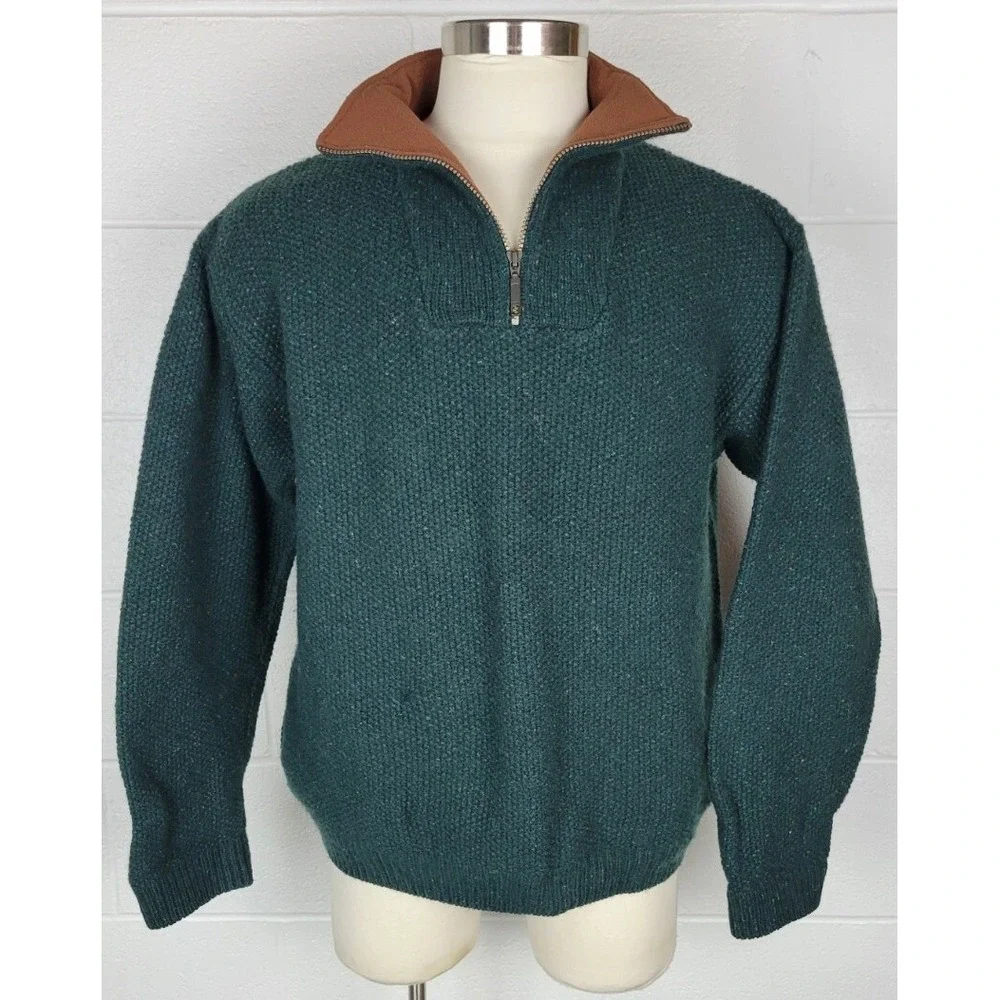 Orvis Mens Green Flecked Wool 1/4 Zip Sweater‎ w. Pockets L